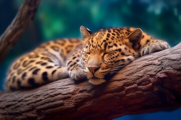 a leopard was sleeping in a tree