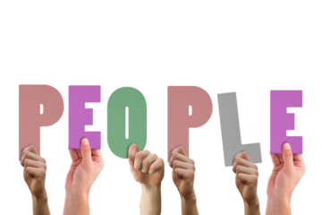 Digital png illustration of hands holding people text on transparent background