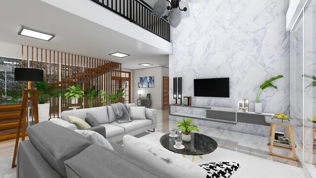 Modern style luxury white living room with garden view, gray marble tiled walls and floor decorated with glass chandelier and tv sideboard. 3d renderings