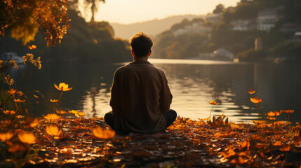 Man meditating in lotus pose at dawn against the background of nature. Golden hour. Yoga. 