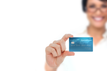 Digital png photo of happy hispanic woman holding credit card on transparent background