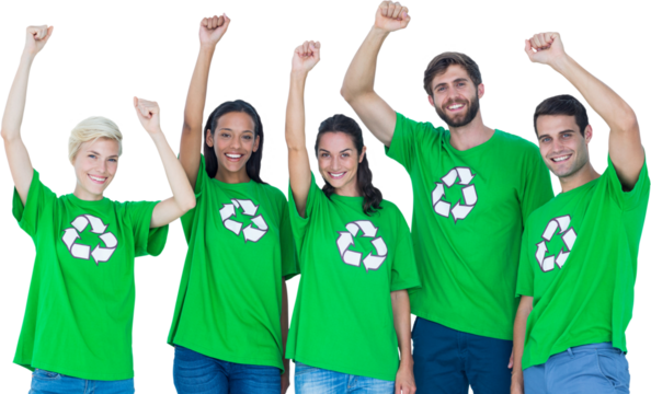 Digital png photo of happy diverse people in green t-shirts raising hands on transparent background