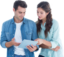 Digital png photo of happy caucasian couple using tablet on transparent background