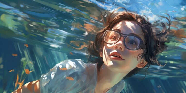illustration of a woman is diving under water in sunny day, generative AI