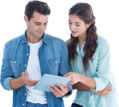 Digital png photo of happy caucasian couple using tablet on transparent background - Powered by Adobe