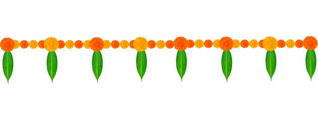 Traditional Indian Marigold Flower Garland with Mango leaves. Decoration for Indian hindu holidays or weddings or Puja Festival, Indian Festival flower decoration
