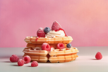 Raspberry waffles with cream on pastel colored background