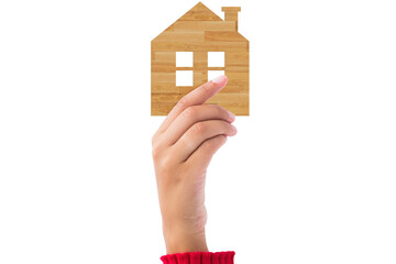 Digital png photo of hand holding small wooden house on transparent background