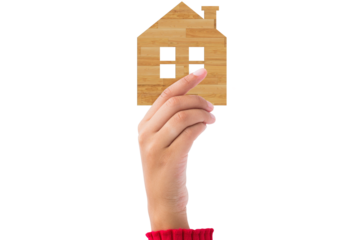 Digital png photo of hand holding small wooden house on transparent background