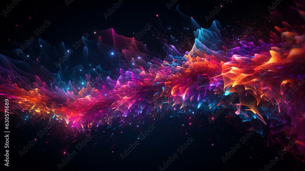 Poster neon-colored particles colliding and merging, forming a visually captivating abstract background