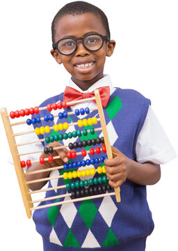 Digital png photo of happy african american boy holding abacus on transparent background