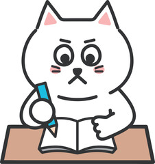 Cartoon white cat writing something carefully with a pencil and notebook, vector illustration.