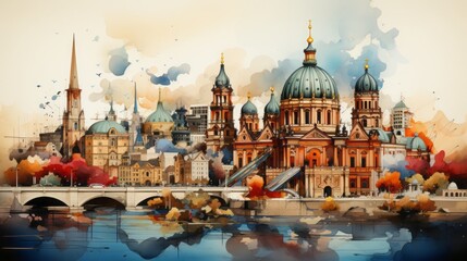 Fototapeta premium Sketch, doodles. Postcard. The postcard depicts the sights. Stylised postcards. Tourist places. 