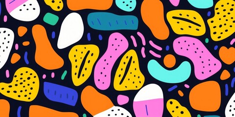 Abstract organic shape seamless pattern with colorful geometric doodles. Flat cartoon background, simple random shapes in bright childish colors, Generative AI