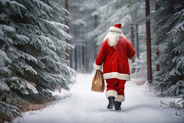 Santa Claus holding a paper bag walking throught the winter forest. Christmas food delivery, ai generated