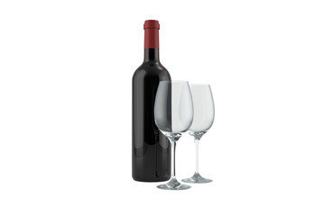 Digital png illustration of bottle of wine and glasses on transparent background