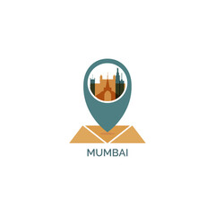 Mumbai map, pin point, geolocation, skyline shape vector logo, icon, isolated illustration. India city emblem with landmarks and buildings