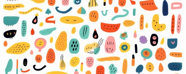 Fun colorful seamless pattern collection. Creative minimalist style art background for children or trendy design with bright basic shapes. Simple and playful childish doodle backdrop, Generative AI