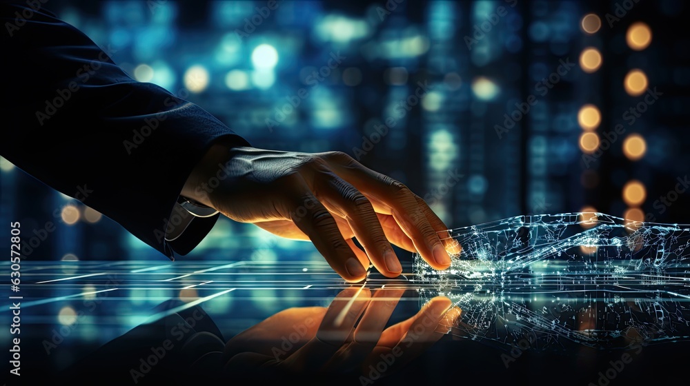 Poster man hand touching the future. digital transformation conceptual for next generation technology era.
