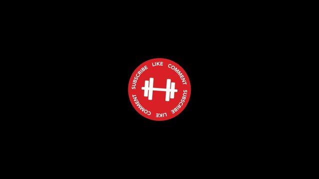 Red animated "LIKE COMMENT SUBSCRIBE" tag with a dumbbell and bold text to easily overlay onto YouTube videos for your fitness, exercise, or health channel. Clear background, no editing needed