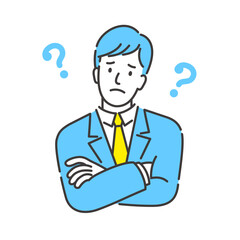 腕を組んで考えるポーズをしたスーツ姿の若いビジネスマンのイラスト