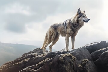 a wolf on a rocky mountain peak