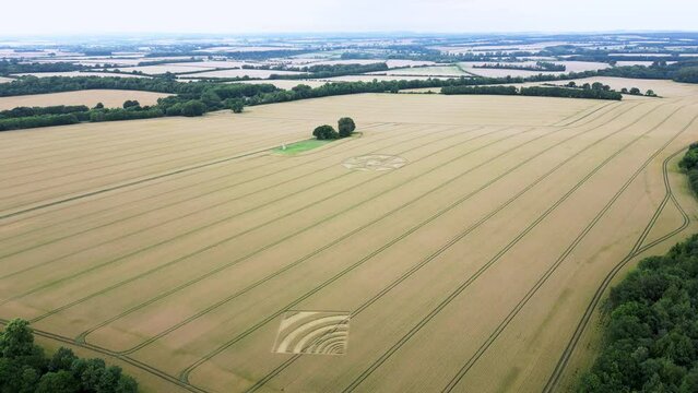Rising aerial view across Micheldever, Hampshire farming countryside crop circles formed on golden wheat field 2023