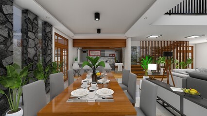 Kitchen and dining room interior design. Modern and bright. Modern Material. Perfect for magazines, drafts. 3d renders