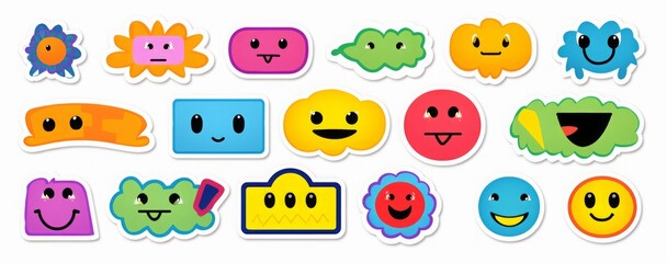 Colorful happy smiling face label shape set. Collection of trendy retro sticker cartoon shapes. Funny comic character art and quote sign patch bundle, Generative AI