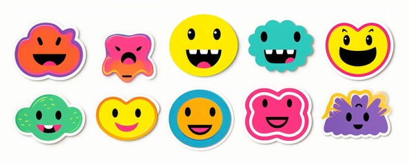 Naklejka premium Colorful happy smiling face label shape set. Collection of trendy retro sticker cartoon shapes. Funny comic character art and quote sign patch bundle, Generative AI