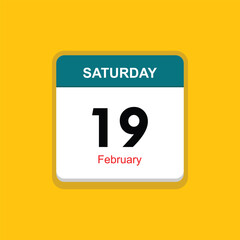 february 19 saturday icon with yellow background, calender icon