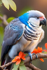 A blue and white parrot with a blue head and black beak.