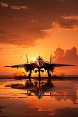 Fototapeta na wymiar ilhouette of military attack aircraft against a vibrant sunset. The sleek profile of the aircraft is powerfully outlined against the backdrop of a sun