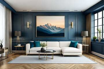 Mockup poster frame on the wall of living room. Luxurious apartment background with contemporary design. Modern interior design. 3D render. 3D illustration.
