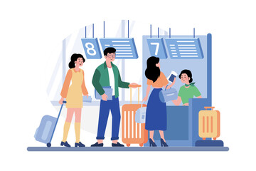 Passengers stand in line to check in at the airport