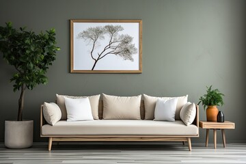 Modern living room interior with white sofa, coffee table and plant