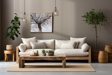 Modern living room interior with white sofa, coffee table and plant