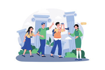 Tour guide lady and group of tourists