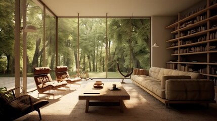 Luxury living room in antique color with sofa and summer landscape in window. Scandinavian Interior AI Generative