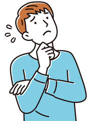 手を顎に当てて何かを悩む上を向いた若い男性