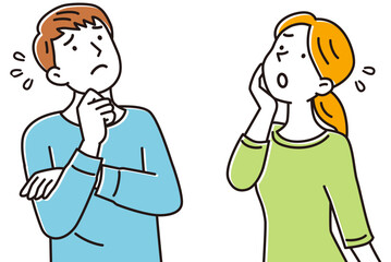 手を顎に当てて何かを悩む上を向いた若い男性と若い女性