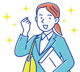 封筒とカバンを持ってガッツポーズするスーツ姿の女性