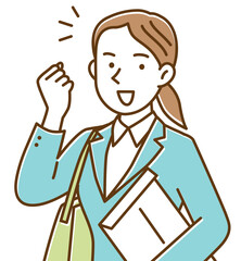 封筒とカバンを持ってガッツポーズするスーツ姿の女性