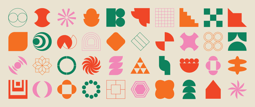 Set of abstract retro geometric shapes vector. Collection of contemporary figure, flower, circle in 70s groovy style. Bauhaus Memphis design element perfect for banner, prints, stickers, decor.