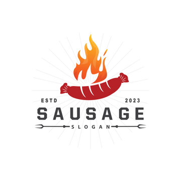 Sausage Logo, Vector Meat Fork and the Sausage Food, Restaurant Inspiration Design, Vintage Retro Rustic