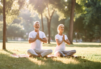 Yoga at park. Senior family couple exercising outdoors. Concept of healthy lifestyle