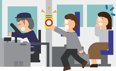 Obraz premium バスの緊急ブレーキボタンを押す乗客