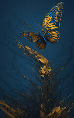 Fototapeta na wymiar gold blue butterfly luxury abstract art painting modern wall art - oil painting 