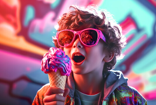 portrait kid enjoy happy with  ice cream.emotion and experian feeling concepts.generative ai images