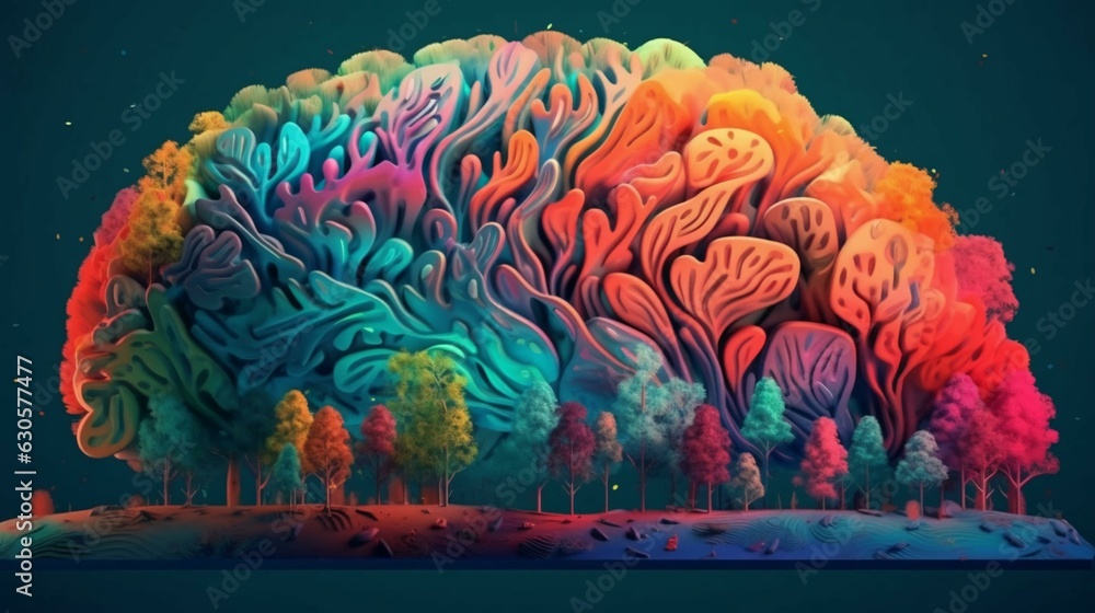 Poster abstract human brain made in the form of leaves and natural trees and plants. the concept of the uni